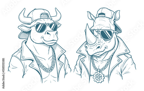 Cool Cartoon Bull and Rhino in Leather Jackets, Sunglasses, and Caps Illustration