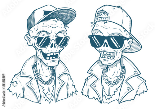 Cartoon Illustration of Two Stylish Zombie Characters in Outlined Vector Format