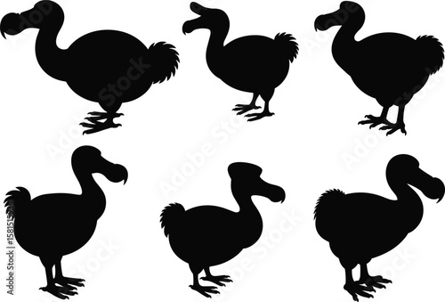 Dodo bird silhouette collection, extinct animal shape vector, cad drawing flat vector illustration for print, design, and educational use