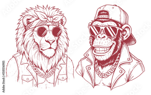 Line Art Illustration of a Cool Lion and Gorilla Wearing Sunglasses and Denim Jackets