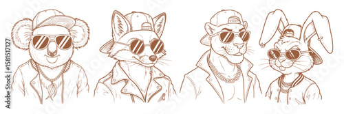 Four Cool Dressed Animals in Line Art Style Wearing Sunglasses and Baseball Caps