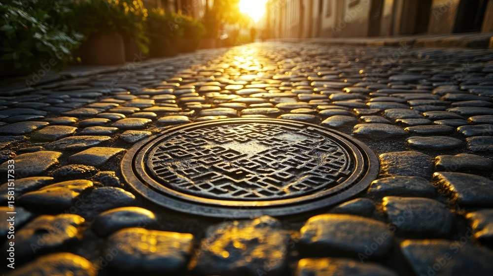 Cobblestone street at sunset, sunbeams highlighting a dark metal manhole cover Cobblestone street at sunset, sunbeams highlighting a dark metal manhole cover