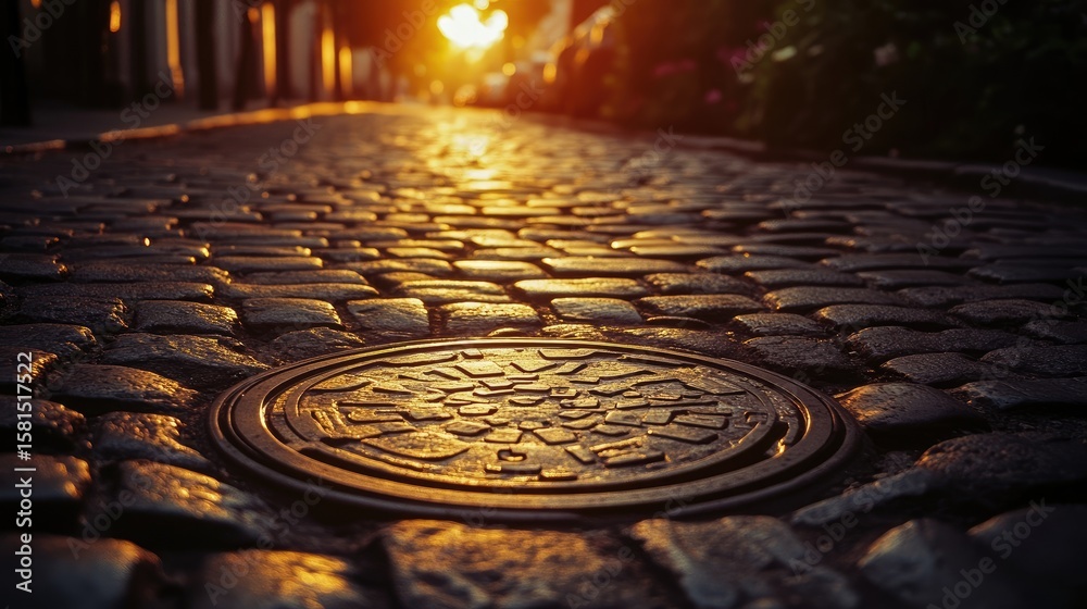 Cobblestone street at sunset, manhole in focus Cobblestone street at sunset, manhole in focus