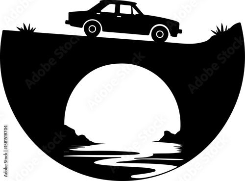 black car on the bridge silhouette, car, auto, vector, icon, vehicle, transportation, transport, cartoon, automobile, illustration, road, taxi, truck, sign, symbol, design, traffic, silhouette, travel