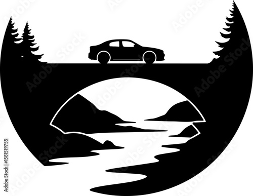 black car on the bridge silhouette, car, auto, vector, icon, vehicle, transportation, transport, cartoon, automobile, illustration, road, taxi, truck, sign, symbol, design, traffic, silhouette, travel