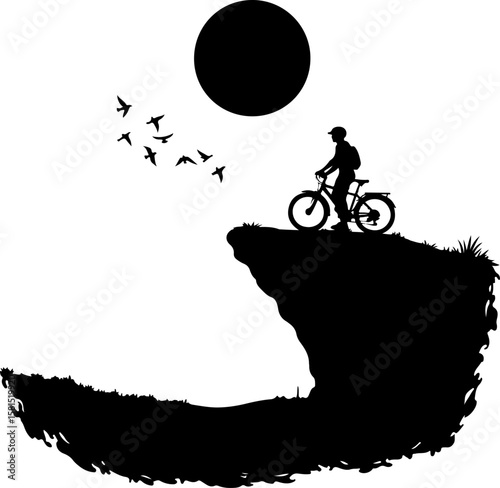 silhouette of a man riding a bike on mountain , bike, bicycle, silhouette, sport, vector, motorcycle, cycling, illustration, biker, motocross, extreme, race, cyclist, jump, mountain, sports, cycle, ri