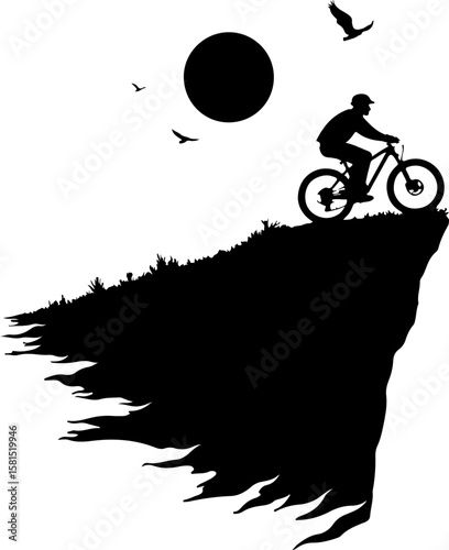 silhouette of a man riding a bike on mountain , bike, bicycle, silhouette, sport, vector, motorcycle, cycling, illustration, biker, motocross, extreme, race, cyclist, jump, mountain, sports, cycle, ri