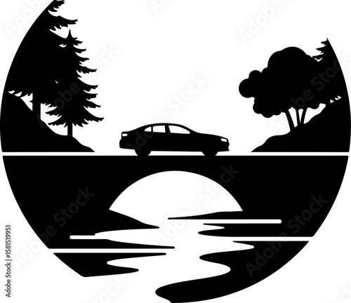 black car on the bridge silhouette, car, auto, vector, icon, vehicle, transportation, transport, cartoon, automobile, illustration, road, taxi, truck, sign, symbol, design, traffic, silhouette, travel