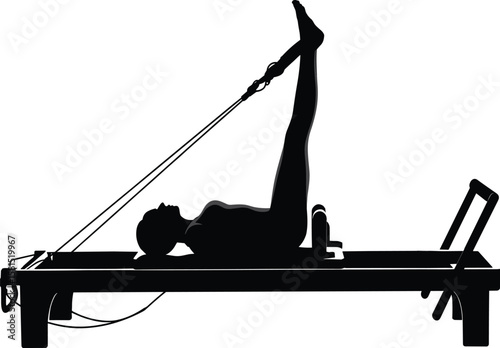 Pilates reformer workout silhouette, woman doing fitness exercise, leg stretch training, resistance band pilates, healthy lifestyle, gym strength pose