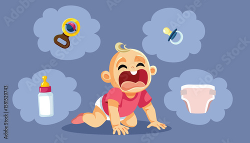 Unhappy Baby Crying for Many Reasons Vector Concept Illustration. Child trying to communicate its needs via screaming and tears 
