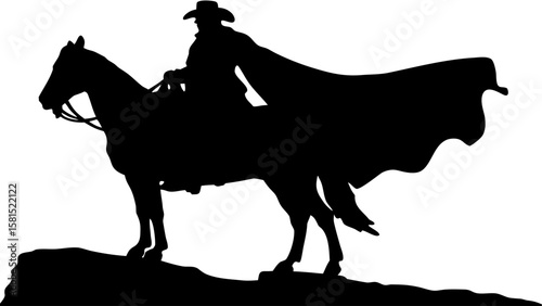 Silhouette of a cowboy wearing a hat and cape riding a horse standing on a rocky surface design