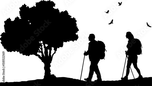 Silhouette of two hikers with backpacks walking near a tree with birds flying in the background scenery