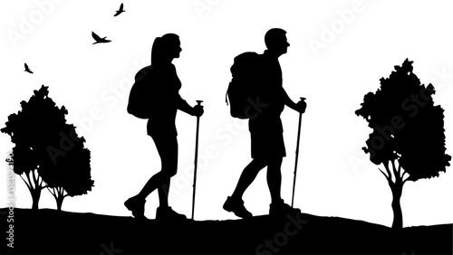 Silhouetted couple hiking with backpacks and poles amidst trees and flying birds in monochrome scene