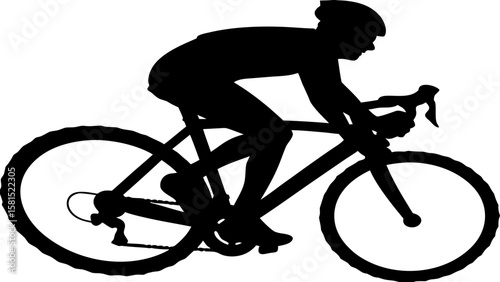 Silhouette of cyclist wearing helmet riding bicycle on white background in outdoor sports activity scene