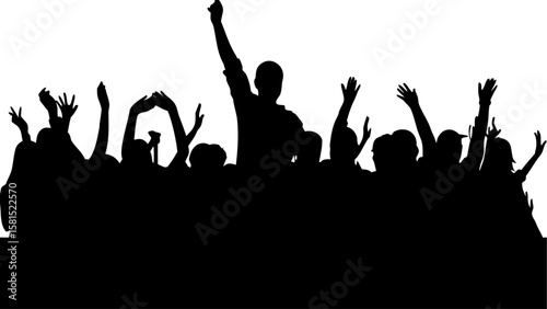 Silhouette of a crowd of people with their hands raised in the air at a concert or event scene view
