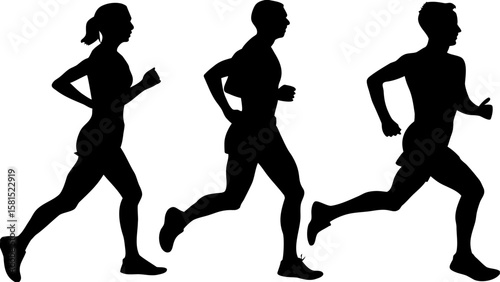 Silhouettes of three people running side by side in a race or marathon on a white background view