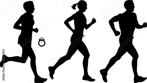 Silhouettes of three people running with an alarm clock in between the first and second person running