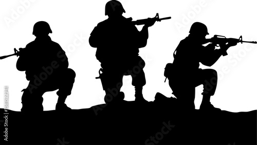 Silhouette of three soldiers kneeling and aiming rifles against a white background in a combat situation