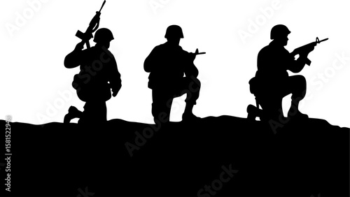 Silhouette of three soldiers kneeling with rifles in a field against a white background scene view