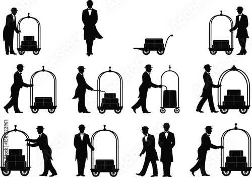 Silhouette of hotel bellhop with luggage cart, hospitality service staff, bellman pushing trolley, isolated icons, hotel concierge vector illustration
