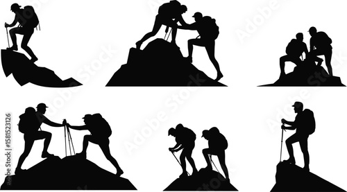 Silhouette of hikers climbing mountain, helping each other, trekking with poles, outdoor teamwork, adventure travel, hiking concept, isolated on white background