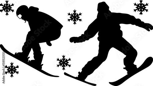 Silhouettes of snowboarders in action surrounded by snowflakes on a white winter background scene view