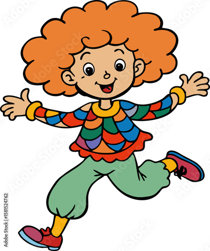 Joyful cartoon child with curly orange hair jumping with excitement