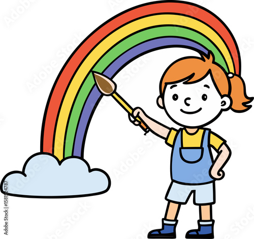 Happy child artist painting a vibrant rainbow with a paintbrush and cloud