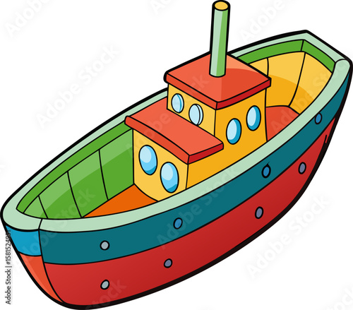 Colorful cartoon tugboat with red hull and yellow cabin on white background