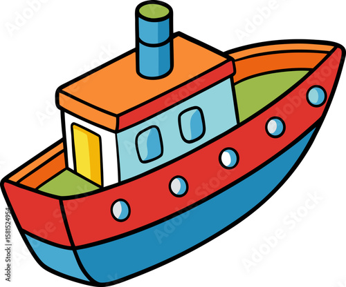 Colorful cartoon boat with a chimney and windows on a white background