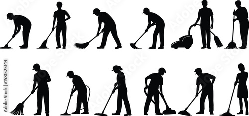 Silhouettes of people cleaning, sweeping, vacuuming, using mop, professional janitorial service, domestic chores, hygiene work, floor cleaning activity, equipment