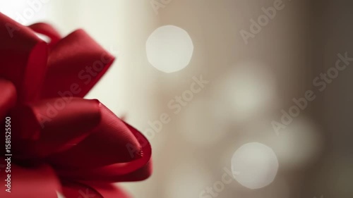 Red ribbon bow close-up, soft background