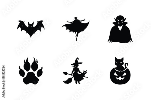 Silhouette bundle of vampire werewolf witch cat and bat Halloween silhouette Vector illustration