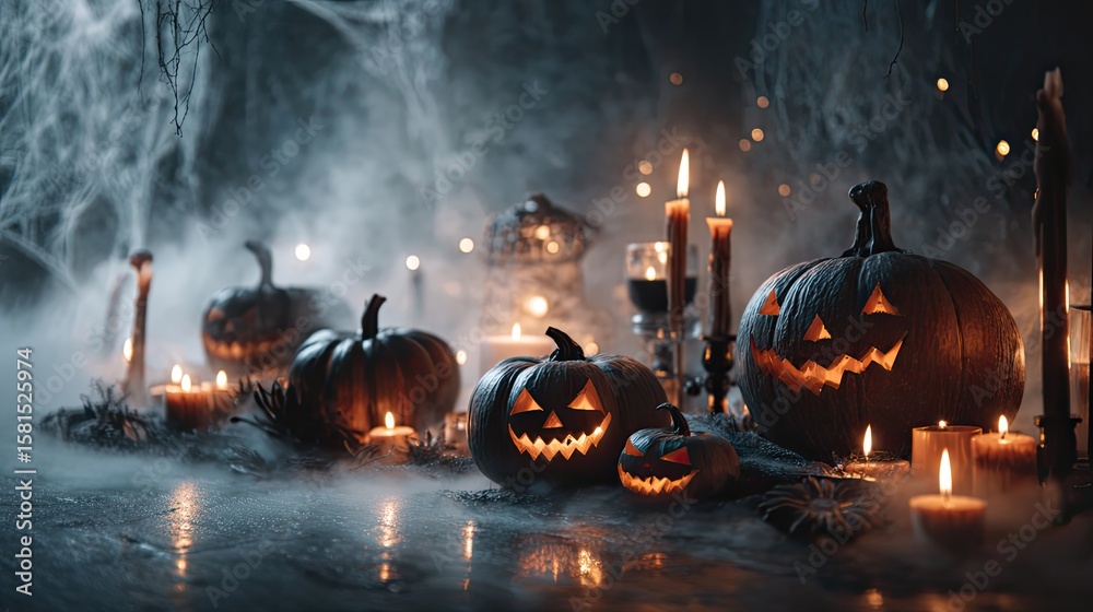 Fototapeta premium Halloween Pumpkin Jack-o'-Lanterns Glowing at Night