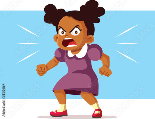 Angry Little Girl Throws a Tantrum Vector Cartoon. Child feeling impatient misbehaving shouting and being aggressive 