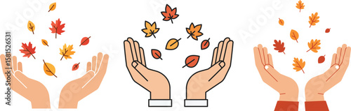 Icon Set Hands gently releasing autumn leaves, symbolizing letting go and acceptance.