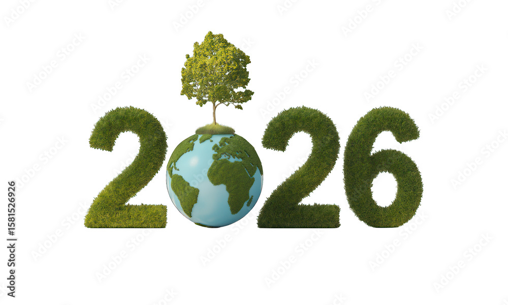 2026 formed by grass, earth globe, & tree on black 2026 formed by grass, earth globe, & tree on black