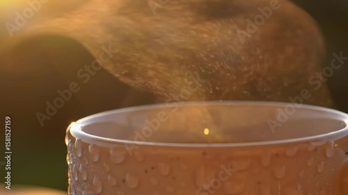 Steaming coffee cup in sunlight