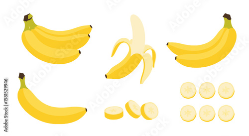 Banana Vector Set: Whole, Peeled, and Sliced