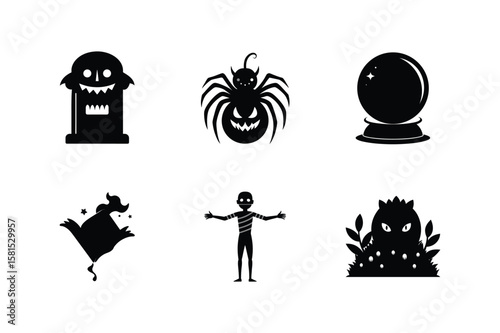 Silhouette set of haunted mailbox spider crystal ball and spell book Halloween silhouette Vector illustration