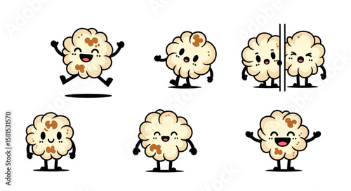 Cute popcorn character set with expressive faces and poses