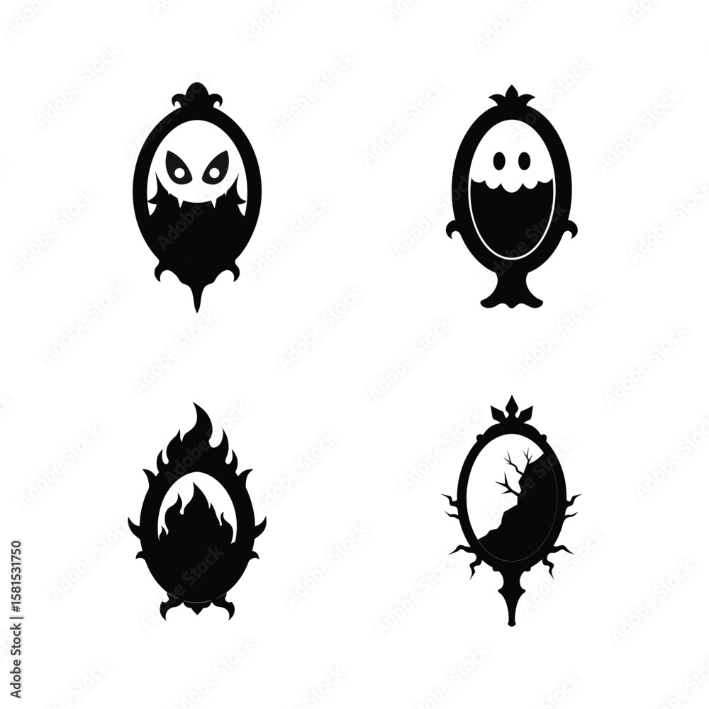 Fototapeta premium Silhouette set of haunted mirror with halloween elements Halloween silhouette Vector illustration