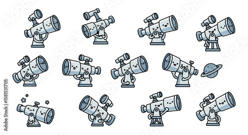 Cute cartoon telescope characters with playful expressions