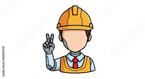 Construction worker with helmet and vest making peace sign