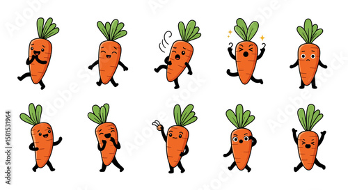 Set of animated carrots with various facial expressions and poses