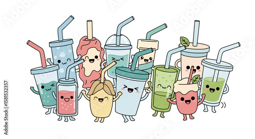 Cartoon group of happy juice cups and smoothies with faces