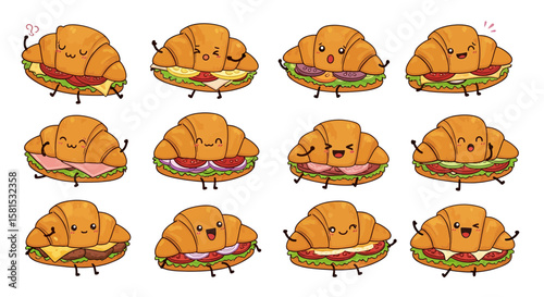 Cartoon croissants with various fillings and expressions