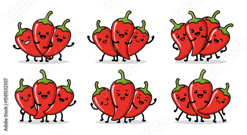 Group of animated red chili peppers with expressive faces and playful poses