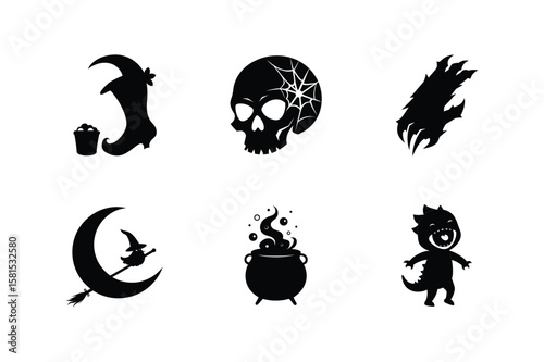 Silhouette set of skull broom werewolf slash and child dinosaur Halloween silhouette Vector illustration