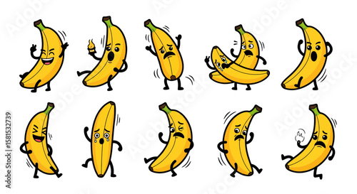 Collection of animated bananas showing various emotions and actions